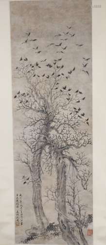 An Ink and Color on Paper of Witherbark and Crows by Shen Zhou