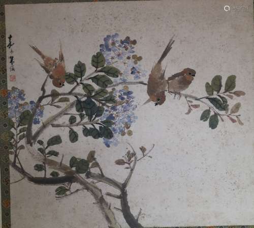 An Ink and Color on Paper of Birds and Flowers by Zhu Meng Lu