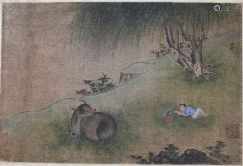 An Ink and Color on Paper of a Child and Ox from Song Dynasty