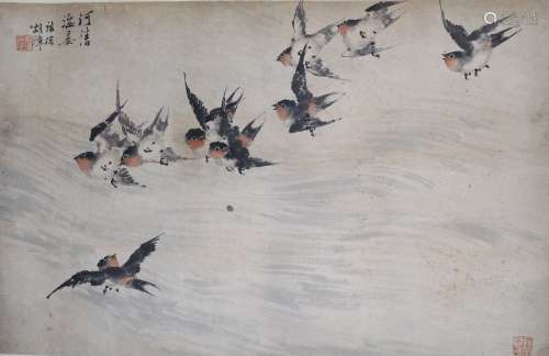 An Ink and Color on Paper of Swallows by Hu Zhang He