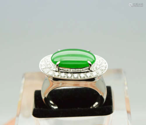 A Stunning Natural Intense Green Jadeite Jade Diamond Ring.