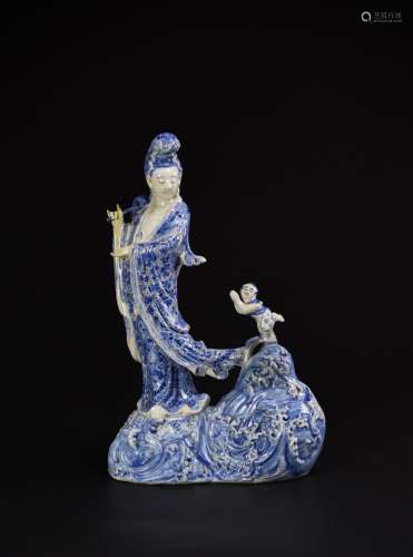 Qing-A Blue and White‘Guanyin’ Statue (Wood Stand)