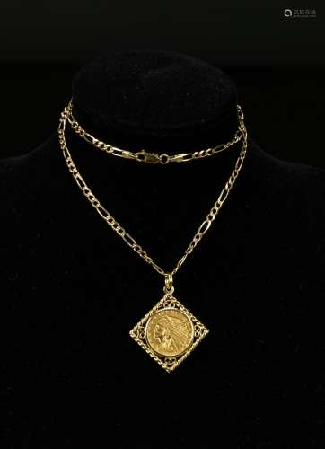 A1928 America 2.5 Dollars Indian Head Gold Coin Pendant with 14k Gold Necklace