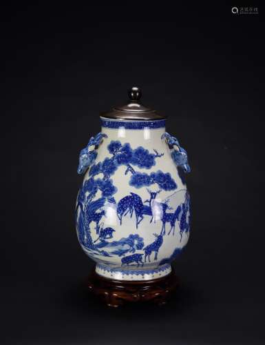 Qing-A Blue And White Deer Head Handle Vase