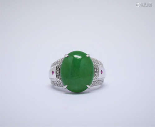 A Fine Intense Green Jadeite Diamond Gentleman Ring