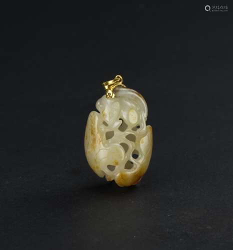 Qing - A Russet White Jade Carved Squirrel And Grapes Pendant