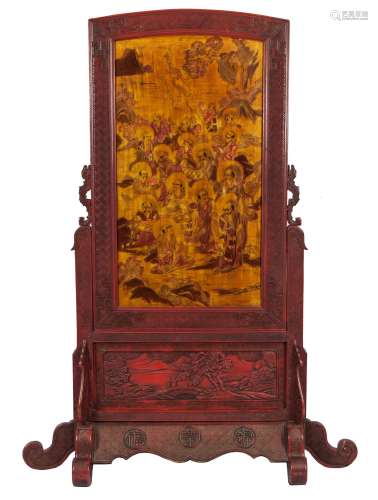 Qing - A Wood Red-Glazed Carved and 16 Louhan Painted Screen