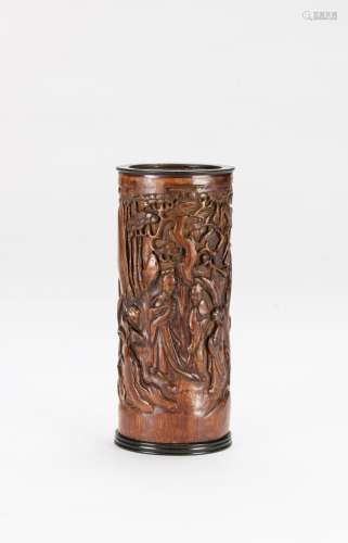 Qing - A Bamboo Carved Figures And Landscrpe Brush Pot