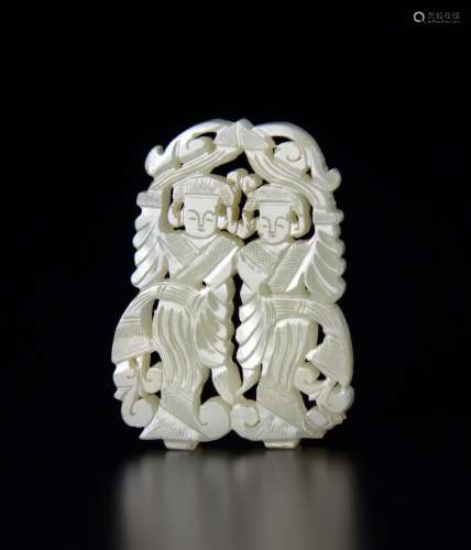 Antique -A White Jade Carved Double Figure Pendant