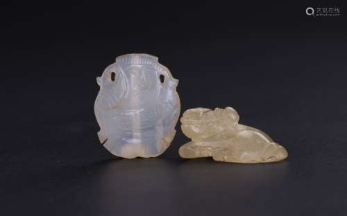 Qing - A Two Agate Carved Ox and God Of Wealth