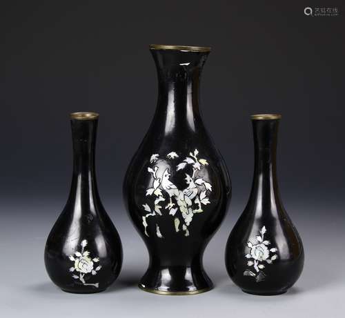 Korean Three Brass Lacquer Vases