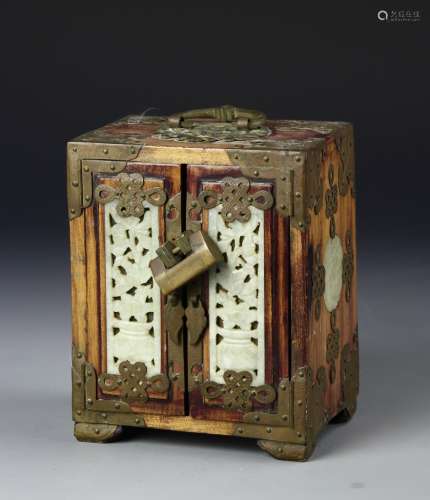 Chinese Wood Jewelry Box With Brass And Jade Works
