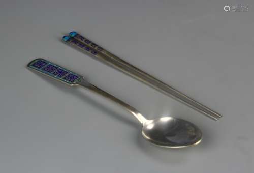 Chinese A Pair Of Silver Chop Sticks And Spoon