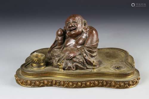 Brass Ink Well Pad With A Pottery Buddha Figure