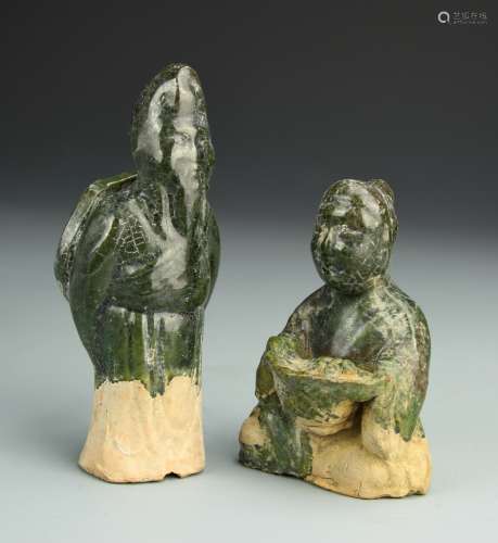 Two Chinese Green-Glazed Figures