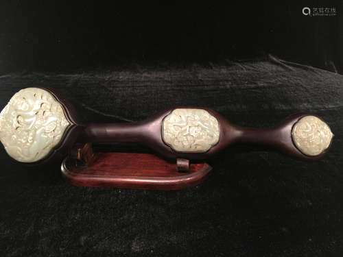 A superb and extremely rare Vietnamese Ebony inlay Hetian white jade Ruyi