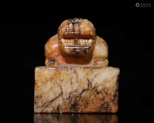 AN ANCIENT HETIAN JADE SEAL WITH BEAST DESIGN