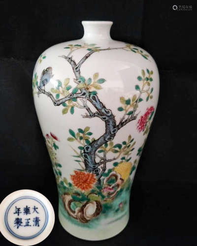 A BIRD AND FLORAL PATTERN MEI VASE WITH YONGZHENG MARK