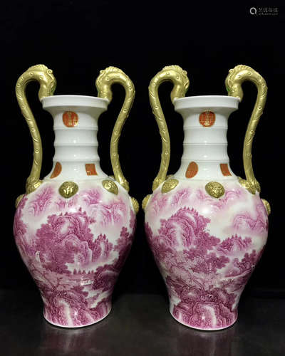 PAIR OF DOUBLE HANDLES VASES