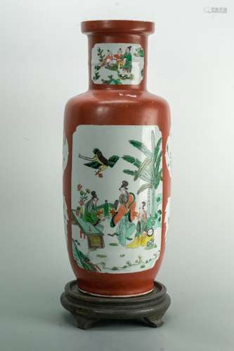 QING DYNASTY 'FAMILLE-VERTE' Ladies ROULEAU VASE