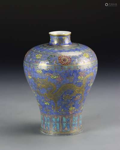 Chinese Famille-Rose Meiping.China,18th Century,vase with adeep cobalt-blue ground,gilt serpentine dragons,flaming pearl.