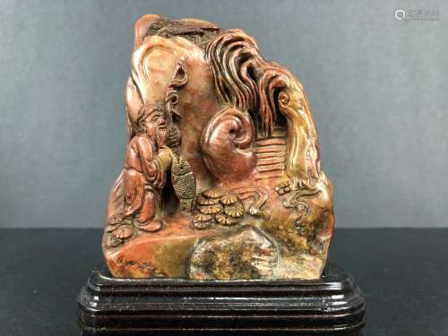 19th Century Shoushan Stone with carved mountain and stand