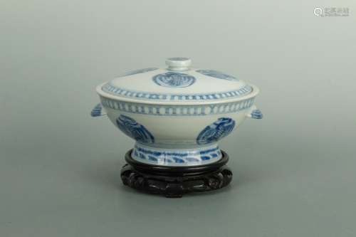 Late Qing Dynasty Blue & White 'Phoenix' Cover Bowl