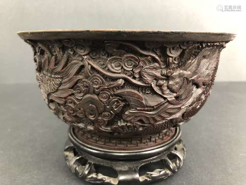 Qing Dynasty A Large Cinnabar Bowl of carven dragon