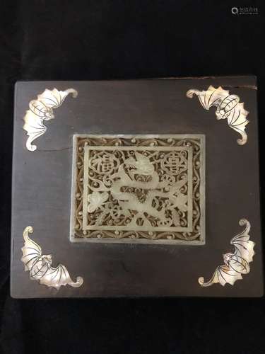 Early 19th century.Beautiful Hard wood box inlaid carved dragon Jade