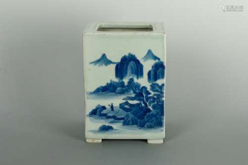 QING KANGXI MARK Blue and White Mountain Square Brush Pot