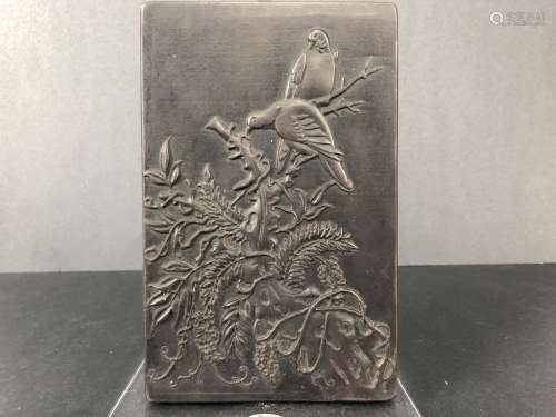 19th Century, a stone cover inkstone with carved Birds and chinese poetry