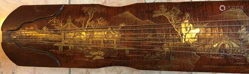 Qing Dynasty Chinese Guqin of gilt design mountain and water