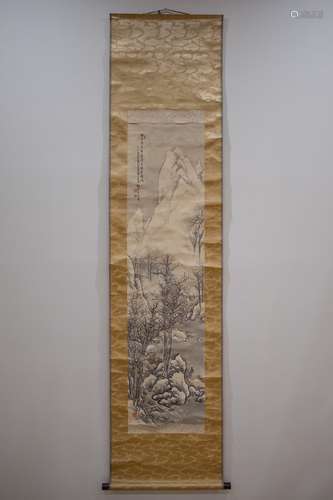 Qing Dynasty, name,seal and Landscape on silk.