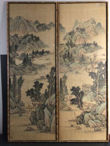 19th Century A pair of Mountain View Watercolor painting on silk with frame
