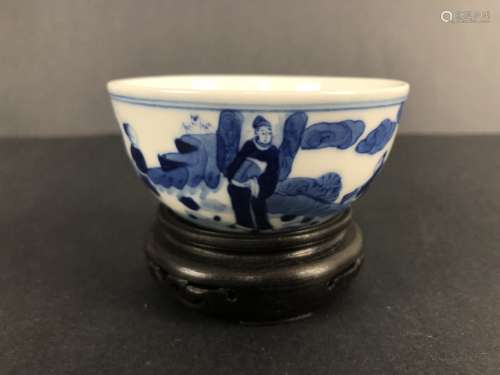 Qing Dynasty, a pair of blue and white bowls with figures carving