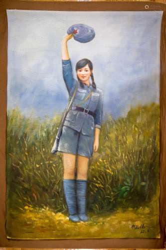 Famous Artist HE KONGDE(1925-2003) Lady Soldier OIL PAINTING
