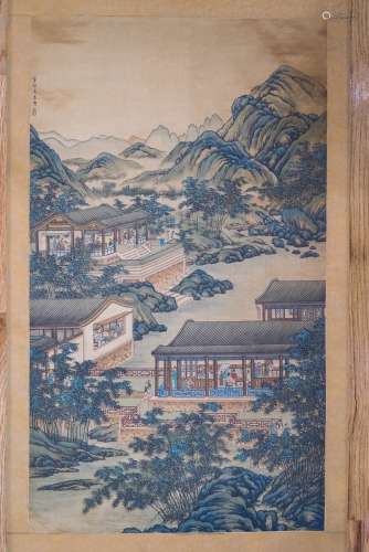 Qing Dynasty. Daguan Gardens ink and color on silk hanging scroll Attributed to DONG BANGDA.