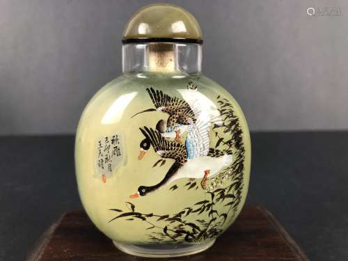 Wang Tianyu' Glass snuff bottle inside crane painting
