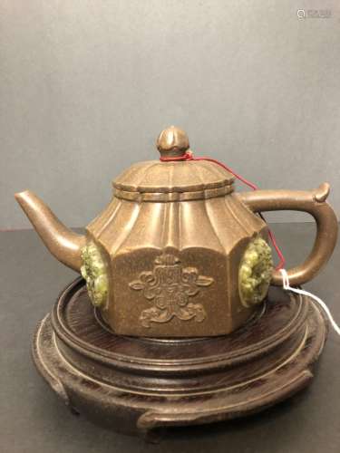 Qing Dynasty Wang Nanlin master inlaid Jade zisha tea pot