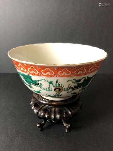 Qing JiaQing mark same period of two dragon play pearl gilt mouth bowl