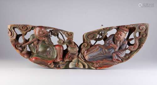 Chinese Qing Dynasty Wood Carving of Two Immortals