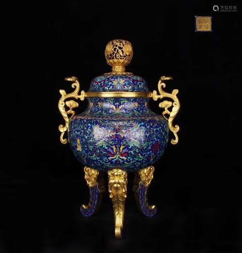 Chinese Tripod Cloisonne Incense Burner, Marked