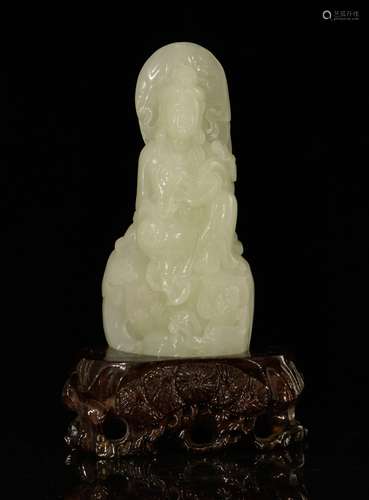 Chinese Jade Guanyin w/ Wood Base