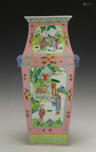 Chinese Pink Glazed Porcelain Square Vase