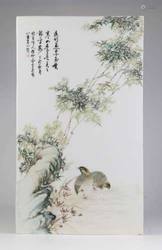 Chinese Porcelain Plaque w/ Bamboo and Two Birds