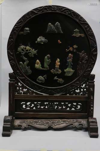 Chinese wood table screen inlayed stones