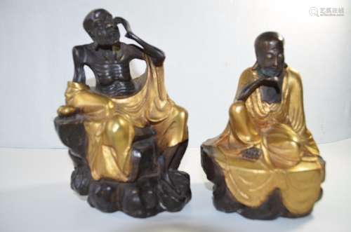 Pair Antique Chinese Bronze Gilt Two Lohan Statue