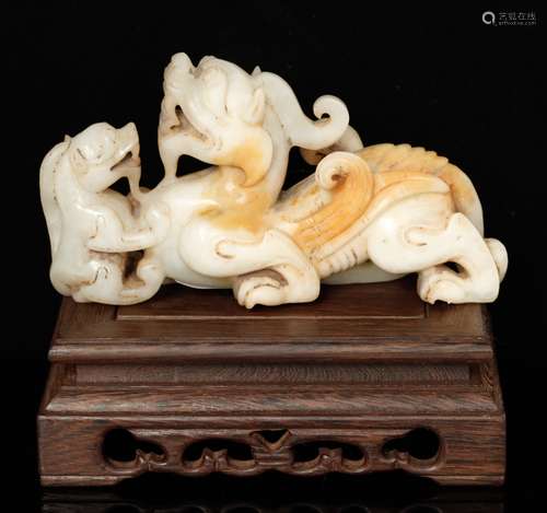 Chinese Jade Carving of 2 Beasts w/ Wood Stand