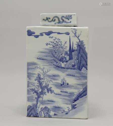Chinese Blue/White Square Vase w/ Cover, Marked