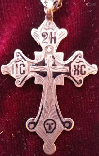 Antique Russian 84 Silver Enamel Cross with Chain